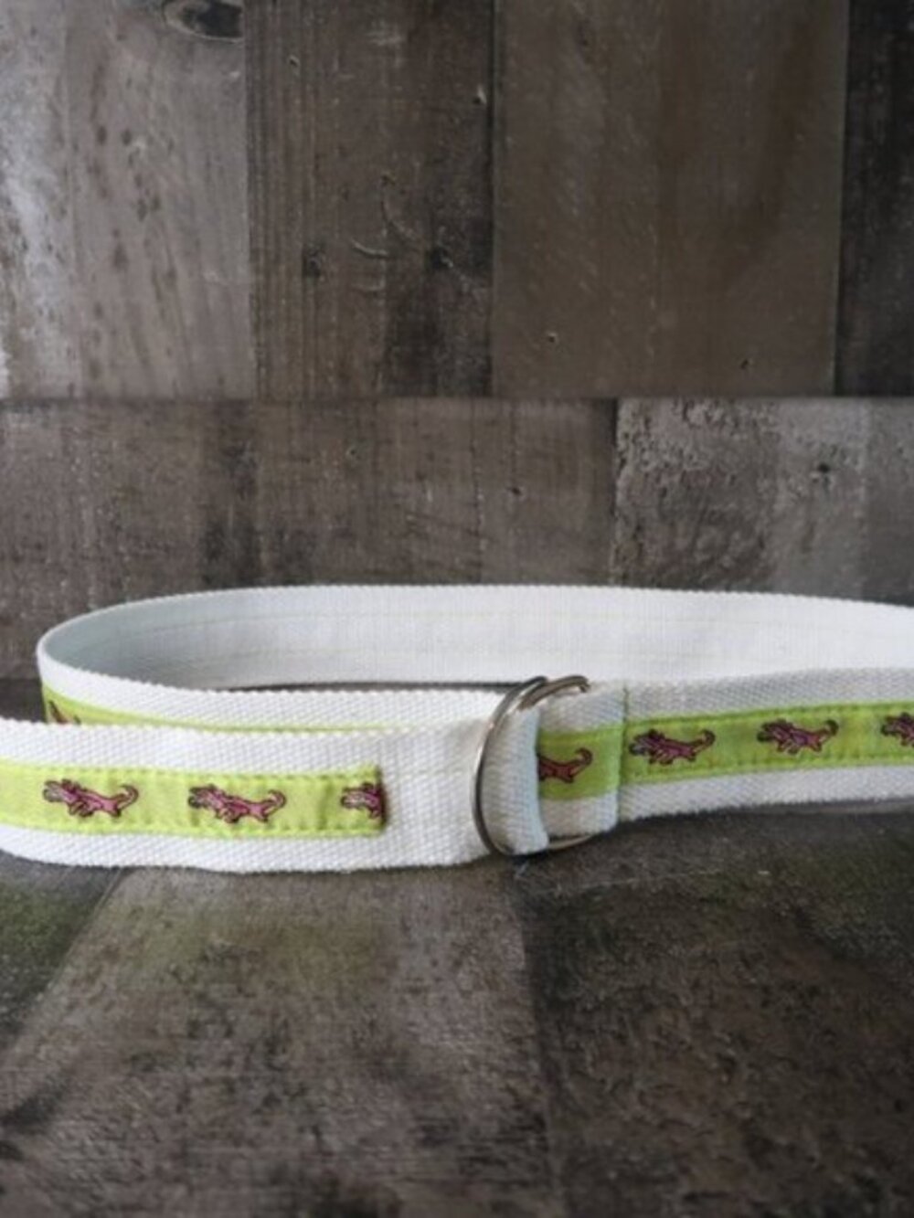 White Canvas Belt Double D Ring Alligator Crocodile Green Stripe Child Size